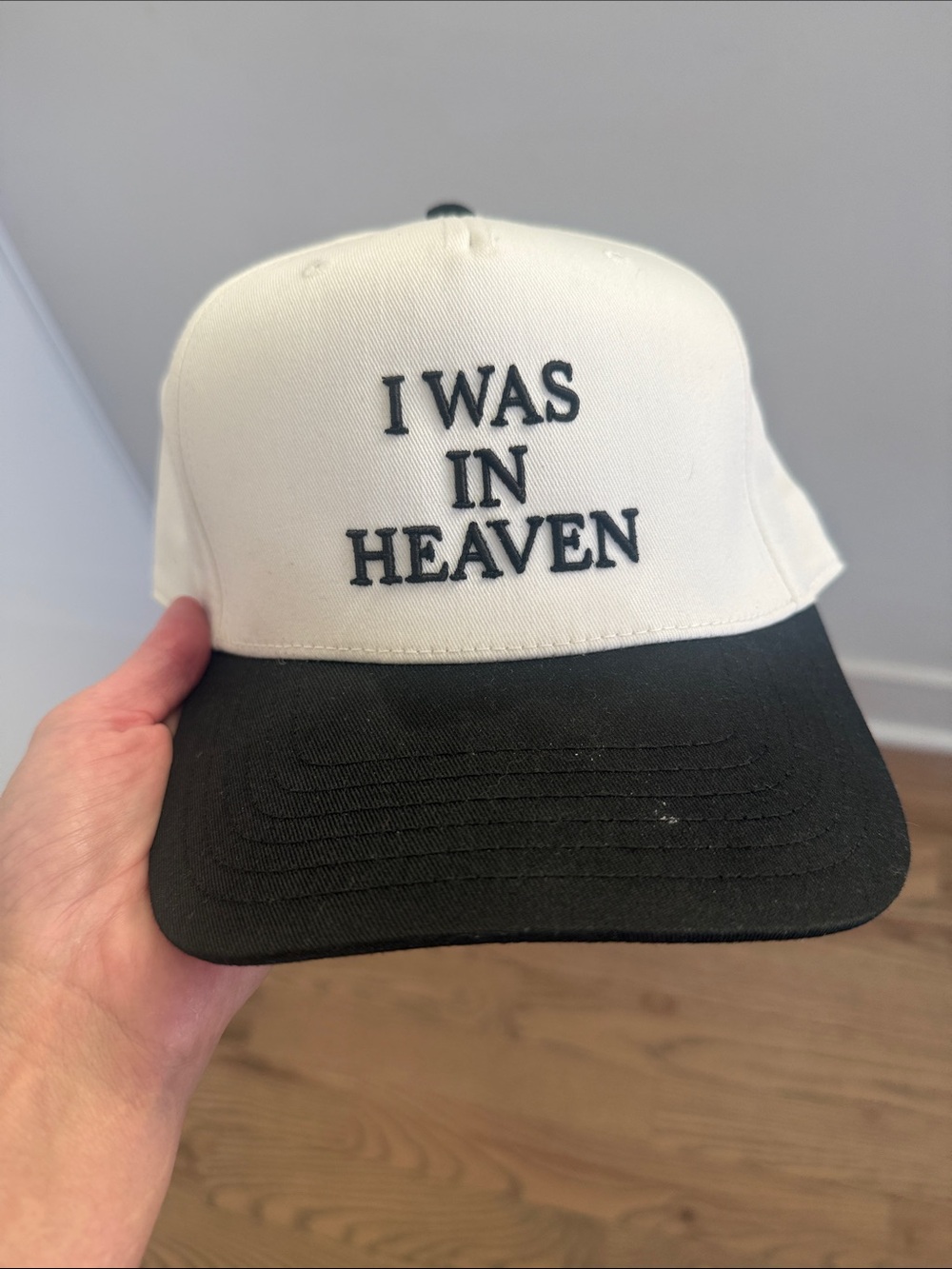 AUG White and Black Embroidered 'I WAS IN HEAVEN' Cap
